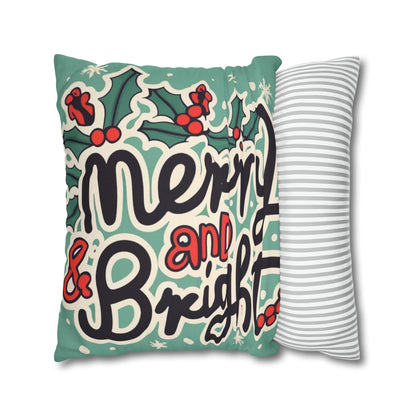 Merry and Bright Christmas Theme Holiday - Spun Polyester Square Pillow Case