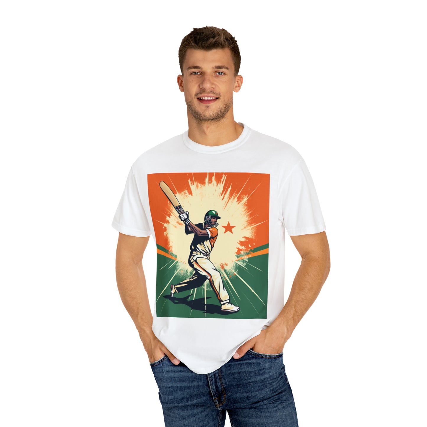 India Cricket Star: Batsman With Willow Bat, National Flag Style - Sport Game - Unisex Garment-Dyed T-shirt