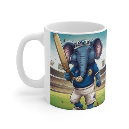 India Elephant Cricket Sport Star: Pitch, Run, Stump Game - Animated Charm - Ceramic Mug 11oz