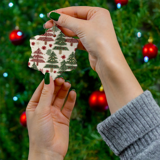 Embroidered Christmas Winter, Festive Holiday Stitching, Classic Seasonal Design - Ceramic Ornament, 4 Shapes