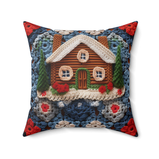 Cottagecore Log Cabin Crochet, Christmas Winter House Design, Rustic Holiday - Spun Polyester Square Pillow