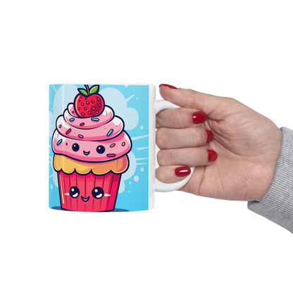 Strawberry Delight - Kawaii Cupcake Art - Sweet Anime Manga Dessert Charm - Ceramic Mug 11oz