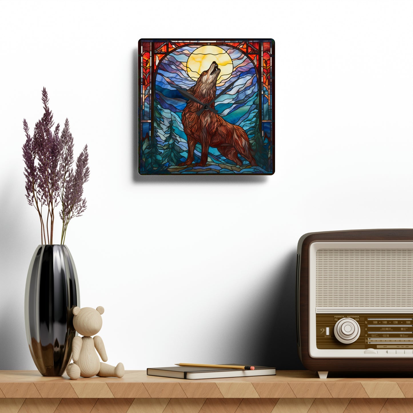 Stained Glass Howling Wolf Design - Acrylic Wall Clock