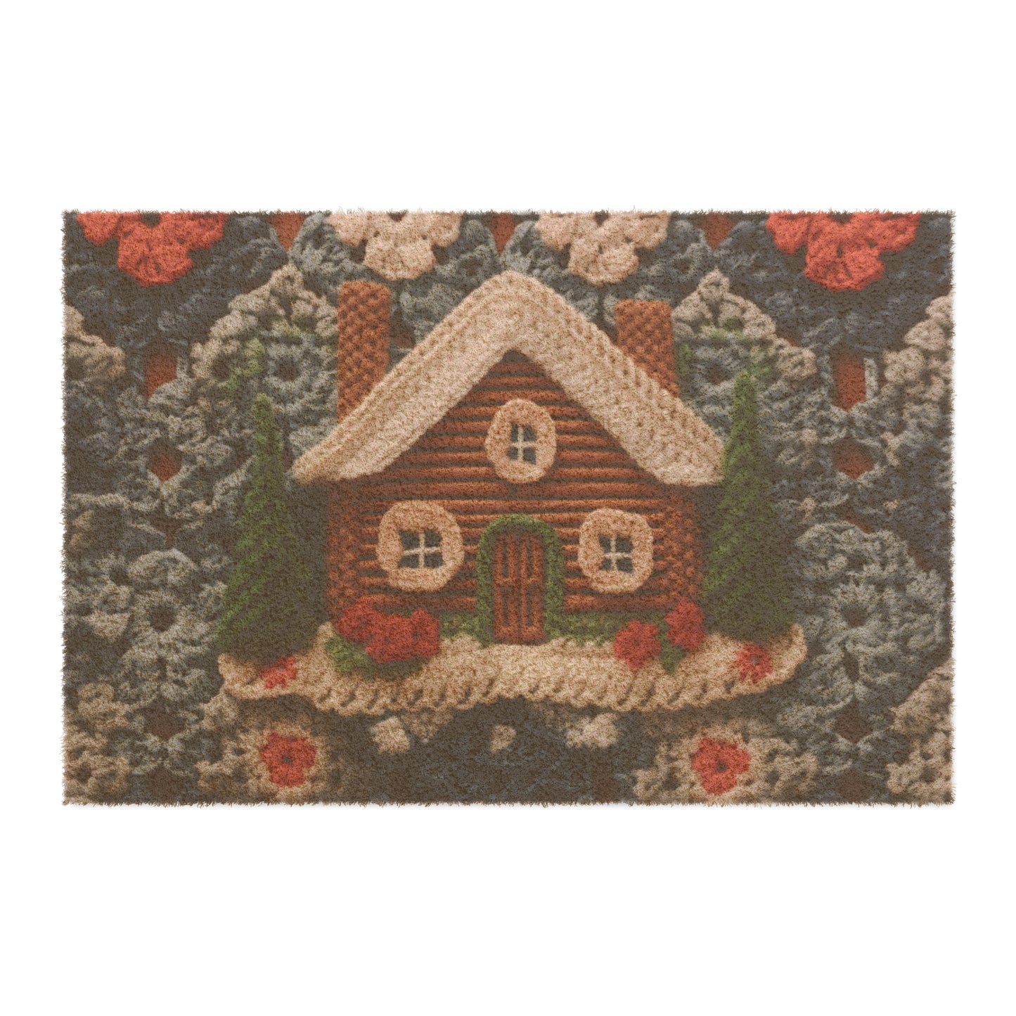 Cottagecore Log Cabin Crochet, Christmas Winter House Design, Rustic Holiday - Door Coir Mat