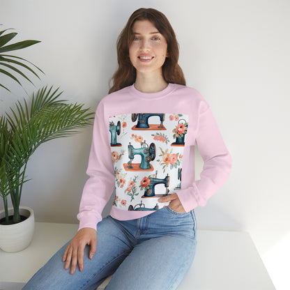 Watercolor Sewing Machines & Floral Bouquets: Antique Feminine Minimalist Styling - Unisex Heavy Blend™ Crewneck Sweatshirt