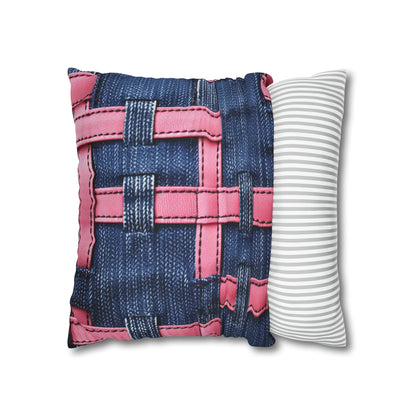 Candy-Striped Crossover: Pink Denim Ribbons Dancing on Blue Stage - Spun Polyester Square Pillow Case