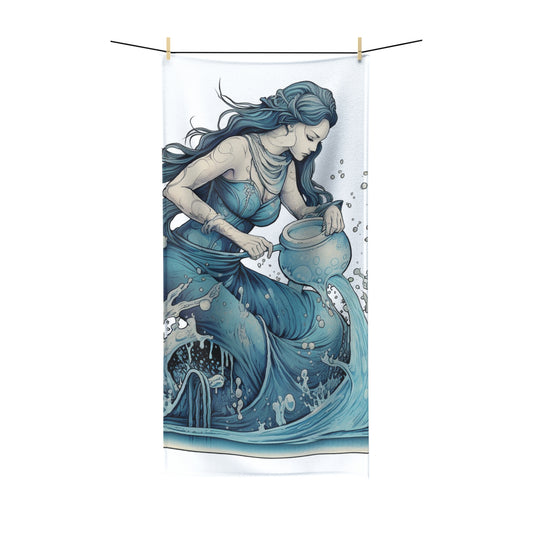Aquarius Zodiac Symbol - Girl Pouring Water, Hand-Drawn Style - Polycotton Towel