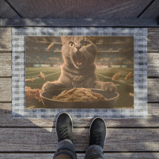 Halftime Football Feline: Screaming Sports Fan Cat Stadium Food Kitten - Door Coir Mat