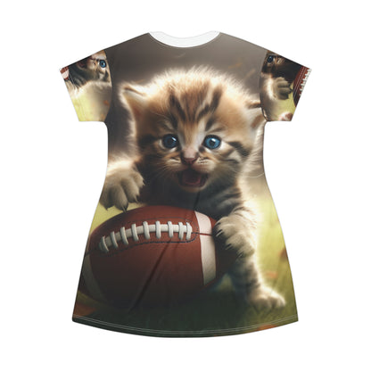 Football Kitten Touchdown: Juego deportivo ganador de Tabby - Vestido tipo camiseta (AOP)