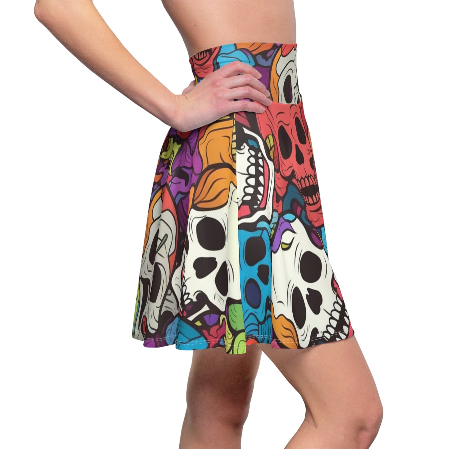 Psychedelic Rainbow Skull Head Pattern, Vibrant Colors - Women's Skater Skirt (AOP)