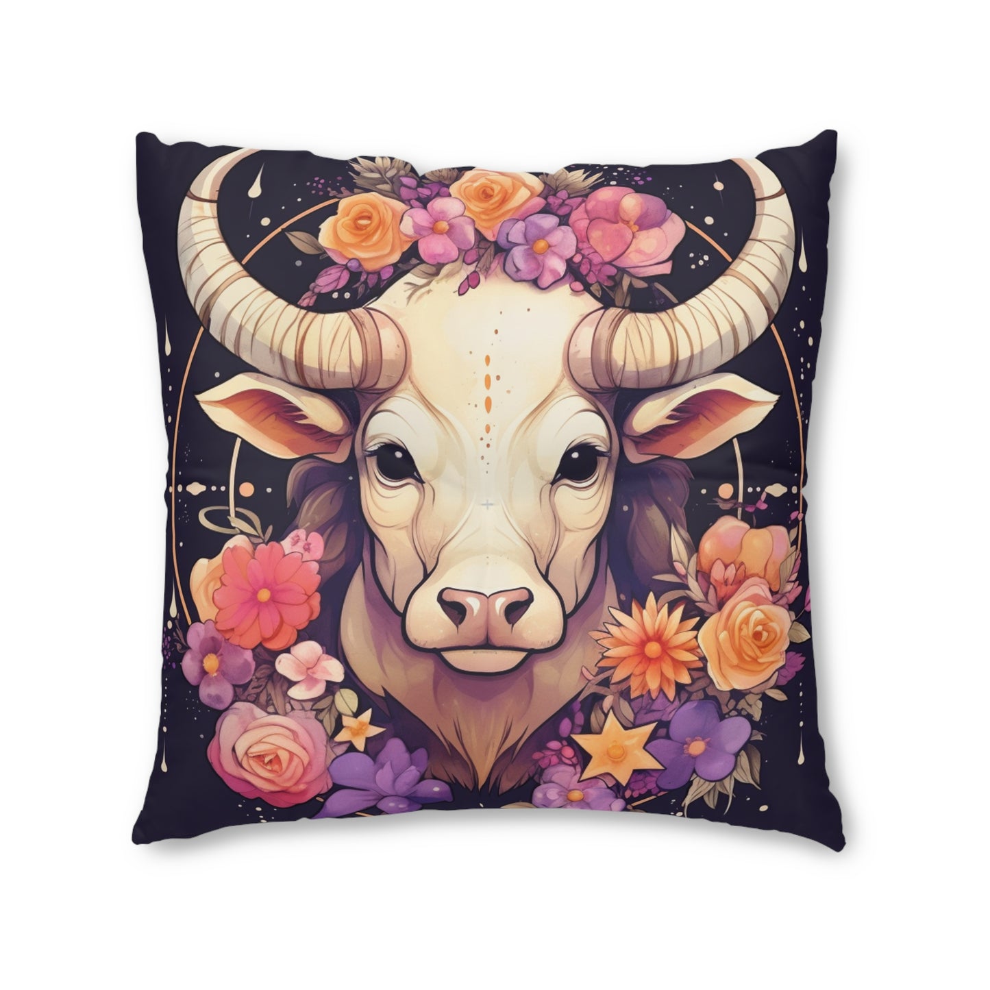 Taurus Zodiac Bull Flower Accents - 占星術のサイン - 房状フロアピロー、スクエア