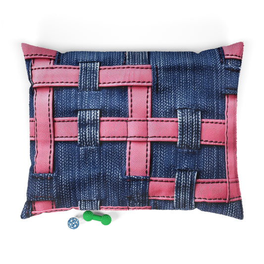 Candy-Striped Crossover: Pink Denim Ribbons Dancing on Blue Stage - Dog & Pet Bed