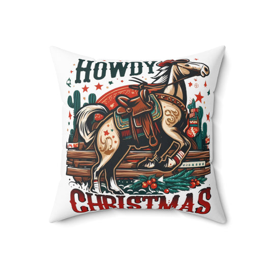 Desert Holiday Charm - Western Howdy Christmas with Festive Cactus and Galloping Horse - Spun Polyester Square Pillow