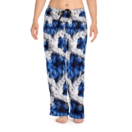 Blueberry Blue Crochet, White Accents, Classic Textured Pattern - Women's Pajama Pants (AOP)