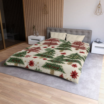 Embroidered Christmas Winter, Festive Holiday Stitching, Classic Seasonal Design - Microfiber Duvet Cover