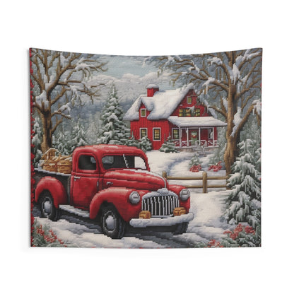 Red Truck Christmas Embroidery: Needlepoint Festive Winter Scene Threadwork - Indoor Wall Tapestries