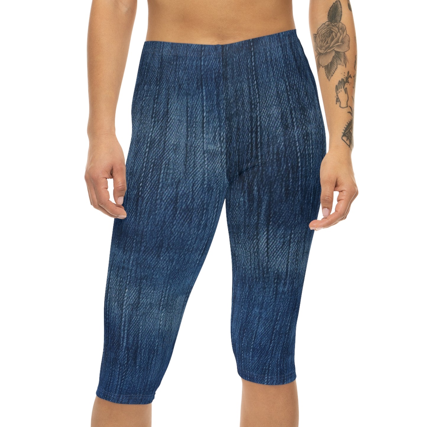 Indigo Splash: Washed Denim Reverie in Deep Blue - Women’s Capri Leggings (AOP)