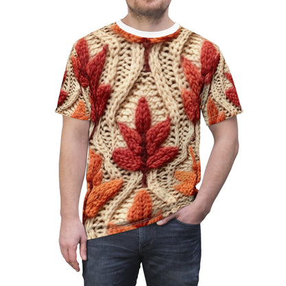 Crochet Fall Leaves: Harvest Rustic Design - Golden Browns -Woodland Maple Magic - Unisex Cut & Sew Tee (AOP)