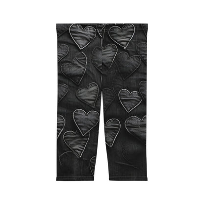 Black: Distressed Denim-Inspired Fabric Heart Embroidery Design - Women’s Capri Leggings (AOP)