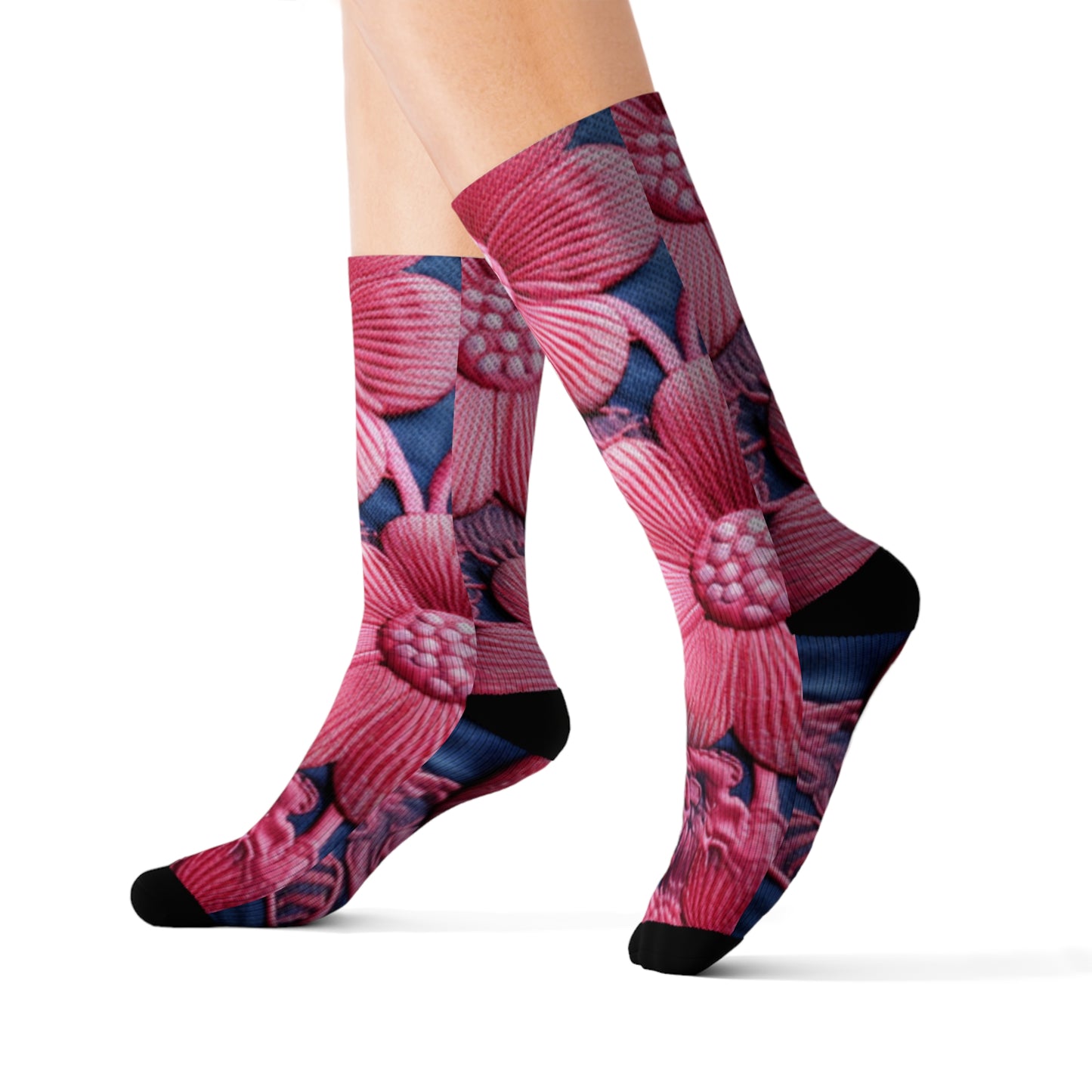 Denim Blue Doll Pink Floral Embroidery Style Fabric Flowers - Sublimation Socks