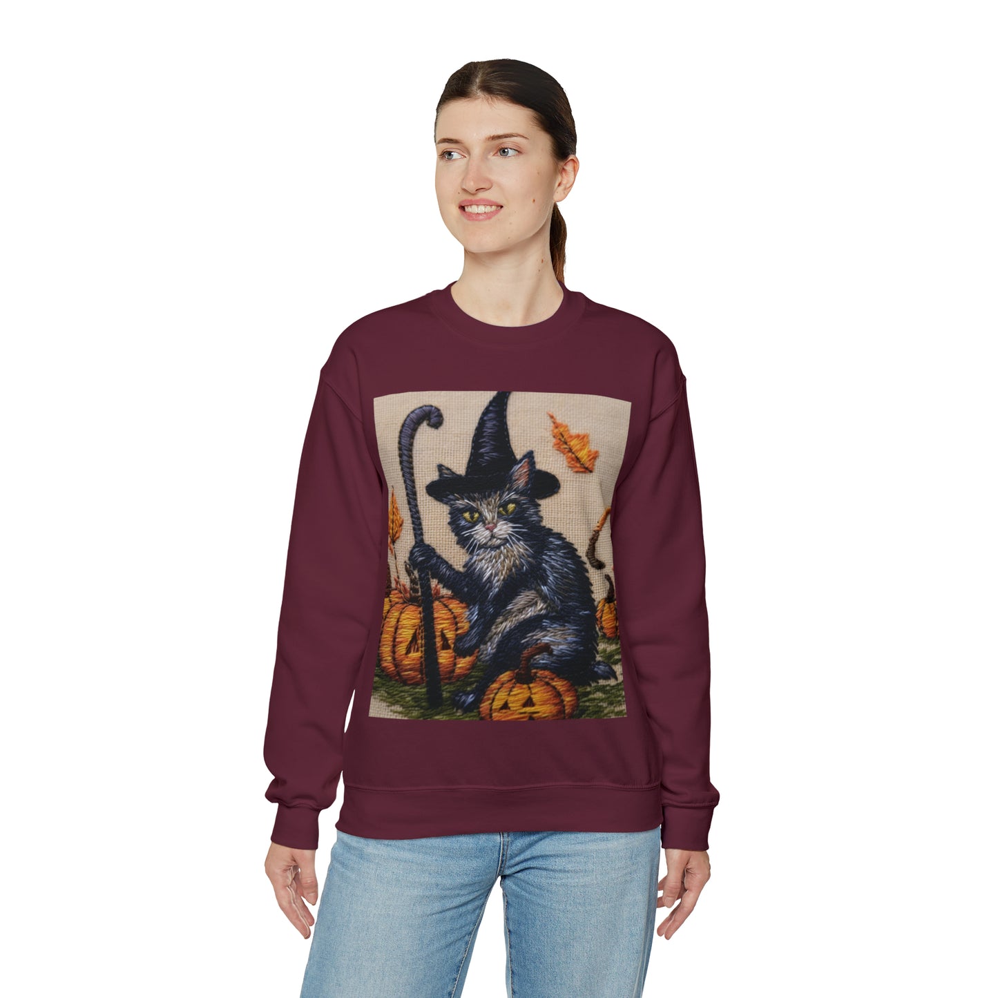 Halloween Cat Magic: Embroidered Style Feline with Pumpkins & Witch Hat - Unisex Heavy Blend™ Crewneck Sweatshirt