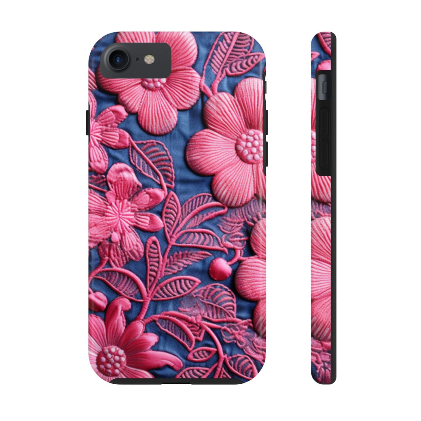 Denim Blue Doll Pink Floral Embroidery Style Fabric Flowers - Tough Phone Cases