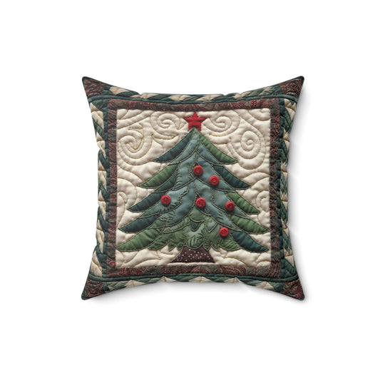 Christmas Tree Quilt Art - Cottagecore Festive Charm - Nostalgic Grandmillennial Style - Vintage Inspired Holiday Decor - Spun Polyester Square Pillow