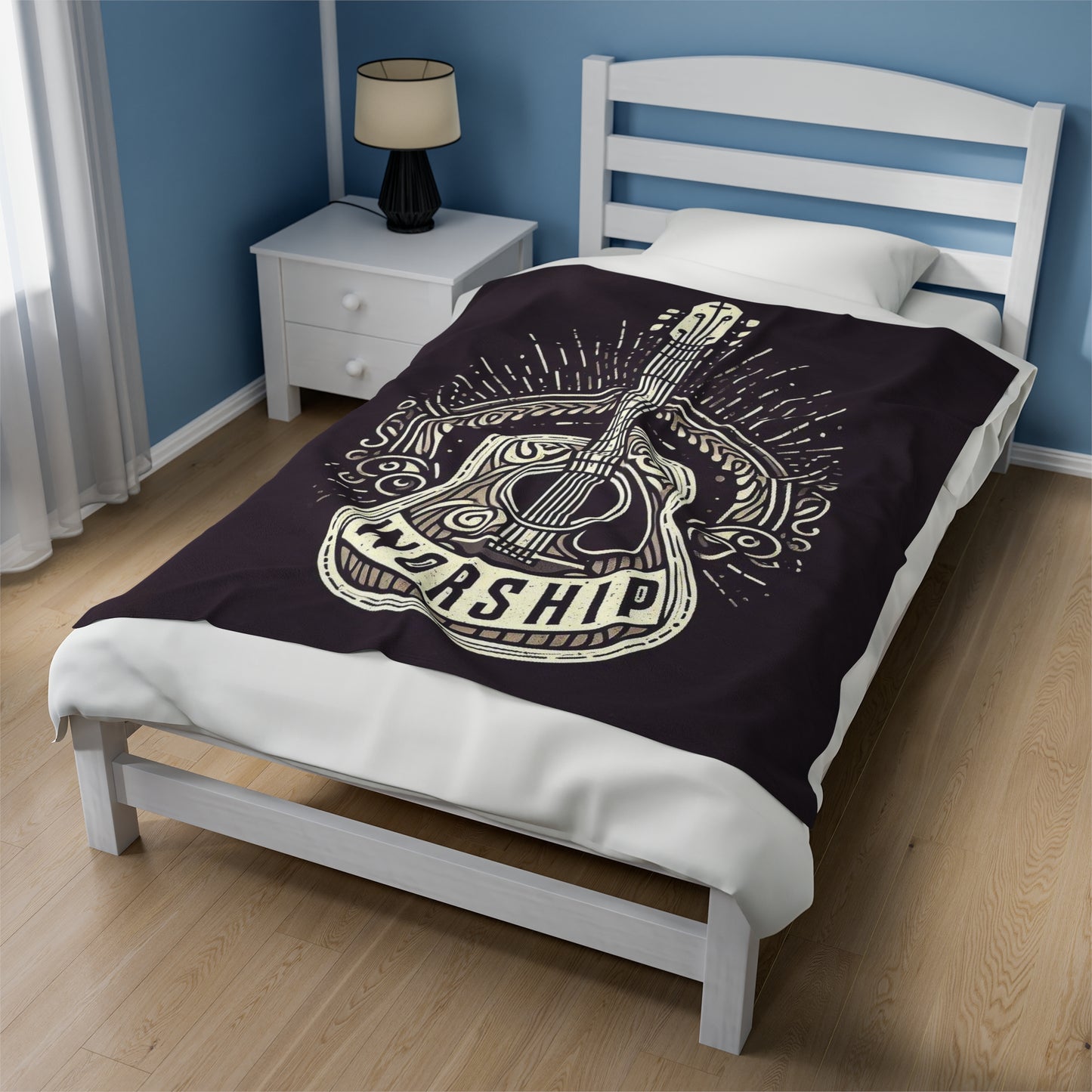 Worship Guitar - Psalm 95 Faith, Trendy Christian, Bible Verse, Religious - Velveteen Plush Blanket