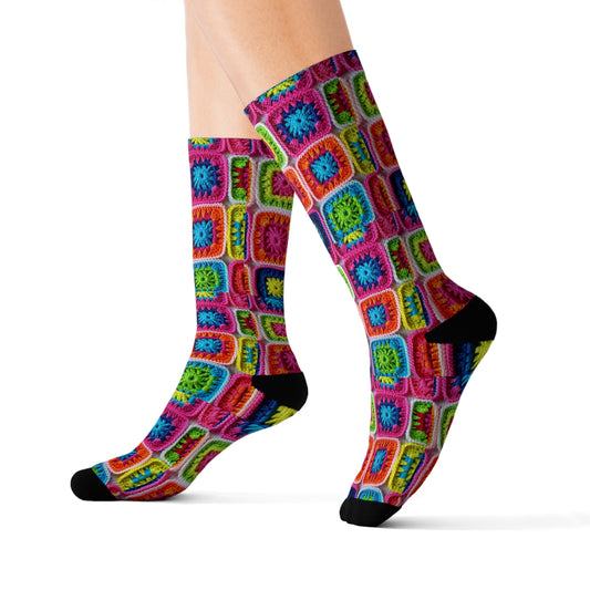 Crochet Granny Square, Summer Cotton, Patchwork, Retro Floral Design, Crochet Cotton - Sublimation Socks