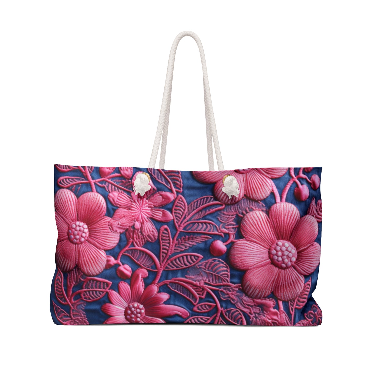 Denim Blue Doll Pink Floral Embroidery Style Fabric Flowers - Weekender Bag