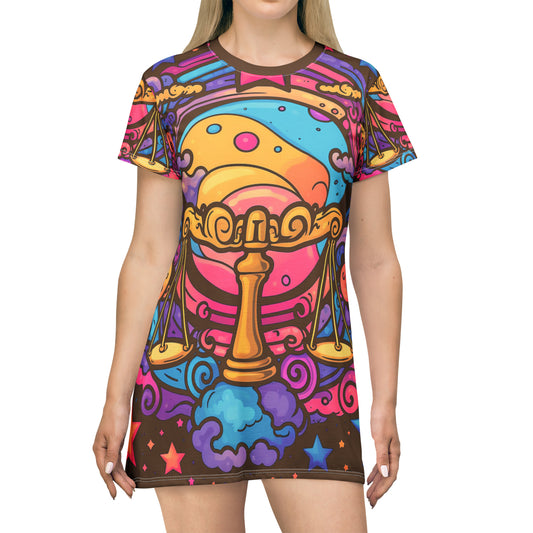 Libra cósmica - Signo del zodiaco de arte de dibujos animados psicodélicos trippy - Vestido de camiseta (AOP) 