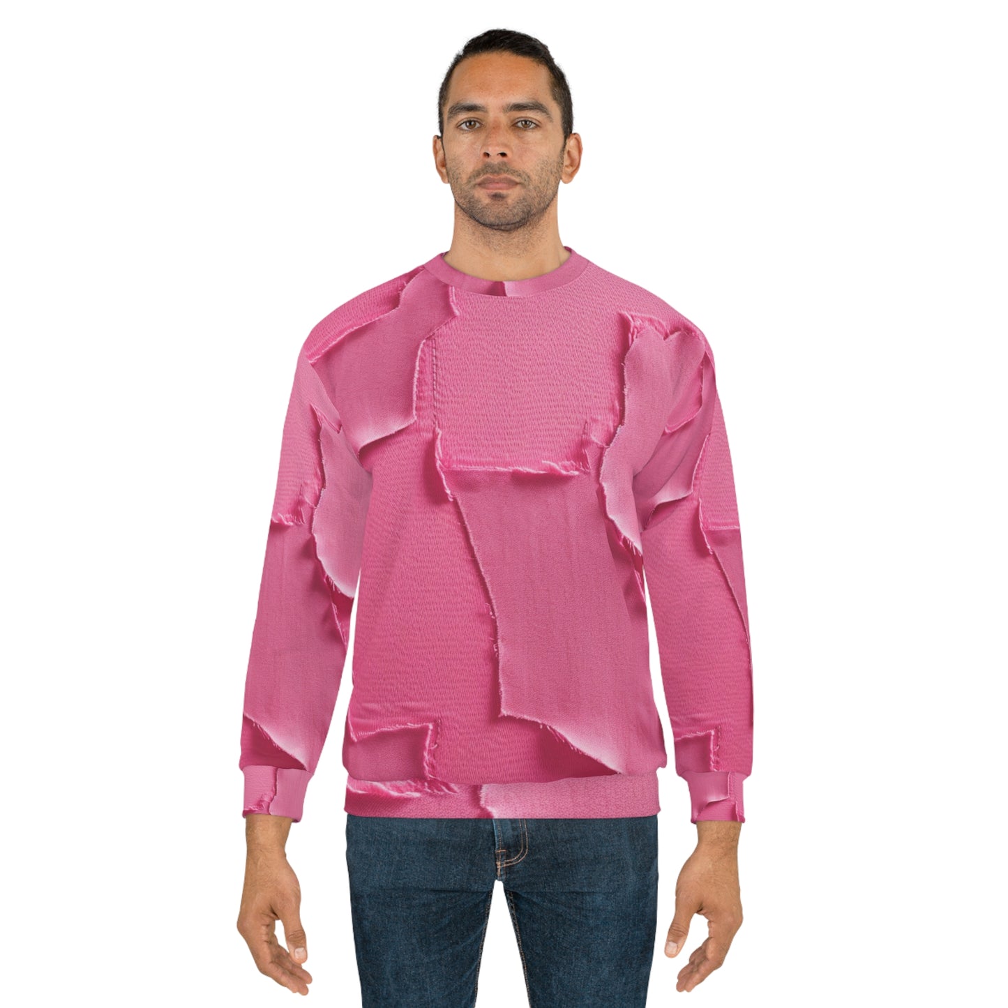 Distressed Neon Pink: Edgy, Ripped Denim-Inspired Doll Fabric - Unisex Sweatshirt (AOP)