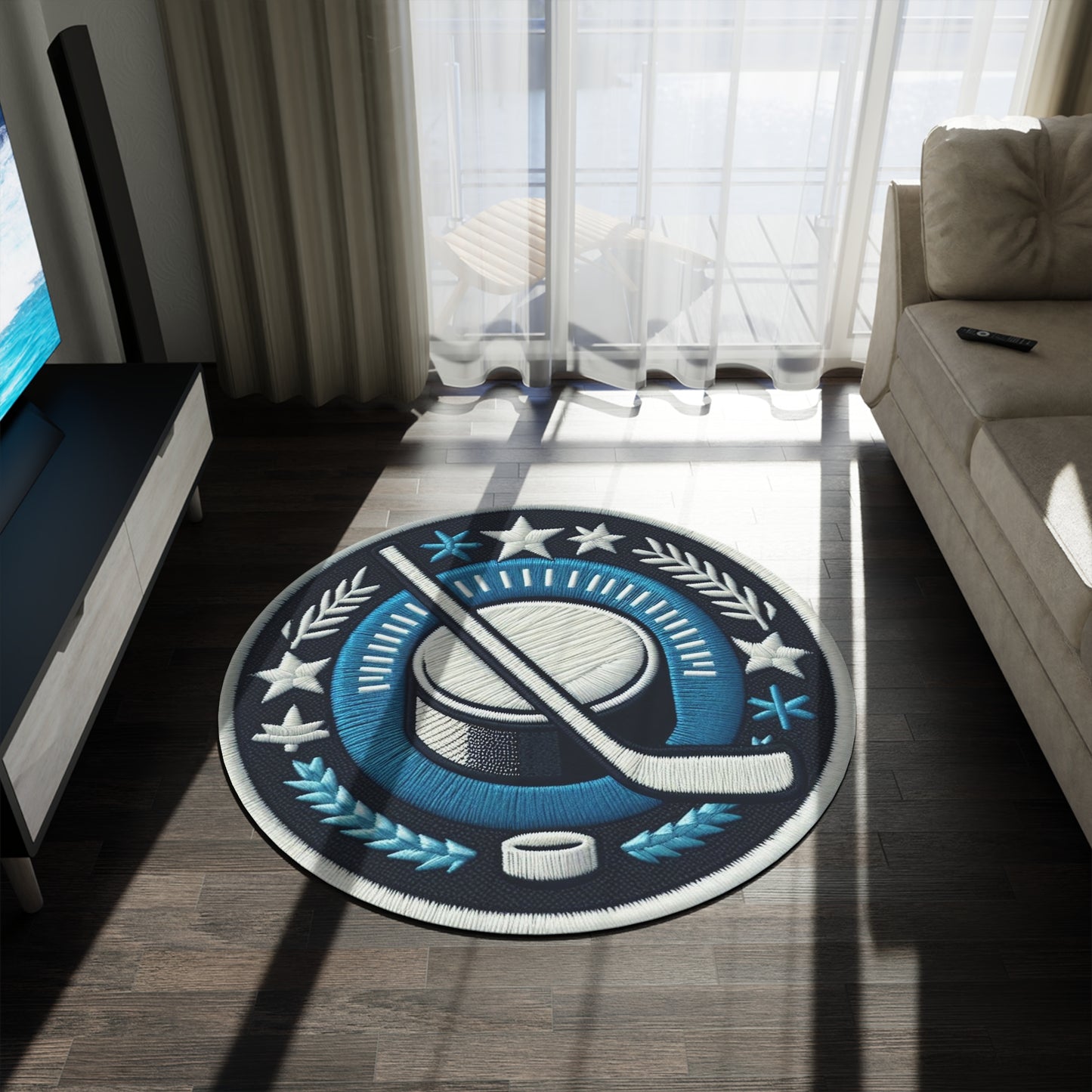 Ice Hockey Puck, Sport Game, Chenille Patch Graphic, Round Rug