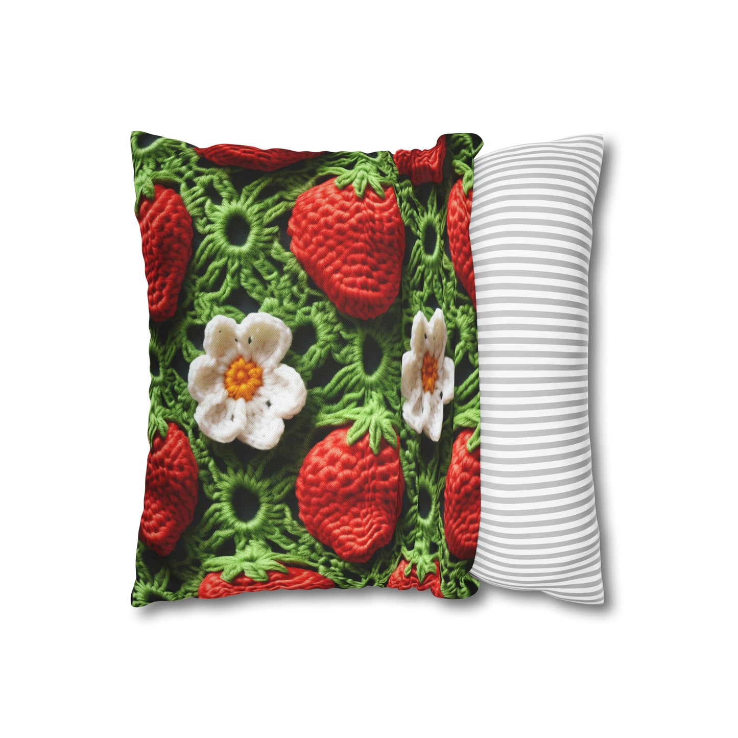 Strawberry Field Crochet - Forever Forest Greens - Fruit Berry Harvest Crop - Spun Polyester Square Pillow Case