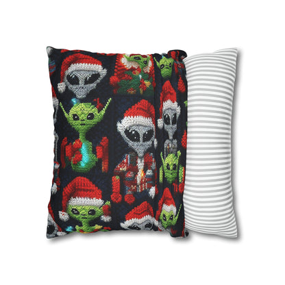 Festive Alien Invasion: Intergalactic Christmas Holiday Cheer with Santa Hats and Seasonal Gifts Crochet Pattern - Spun Polyester Square Pillow Case