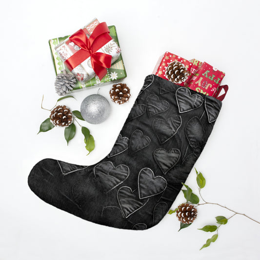 Black: Distressed Denim-Inspired Fabric Heart Embroidery Design - Christmas Stockings