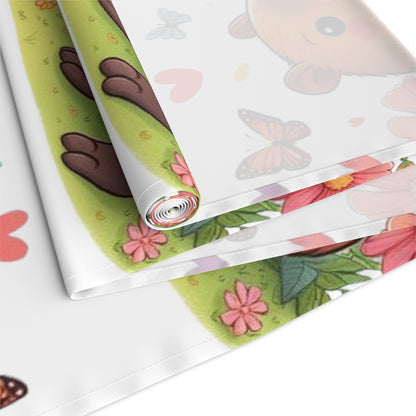 Capybara Holding Pencil and Notepad with I Love Capybaras, Cute Rodent Surrounded by Flowers and Butterflies, Table Runner (Cotton, Poly)