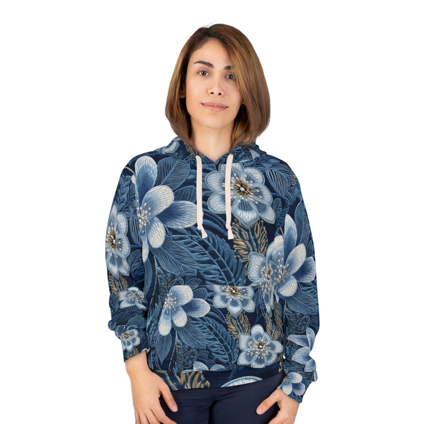 Flower Blossom Embroidery Floral on Denim Style - Unisex Pullover Hoodie (AOP)