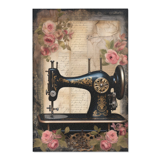 Gothic Black Sewing Machine with Golden Accents and Roses, Classic Tailoring - Area Rugs