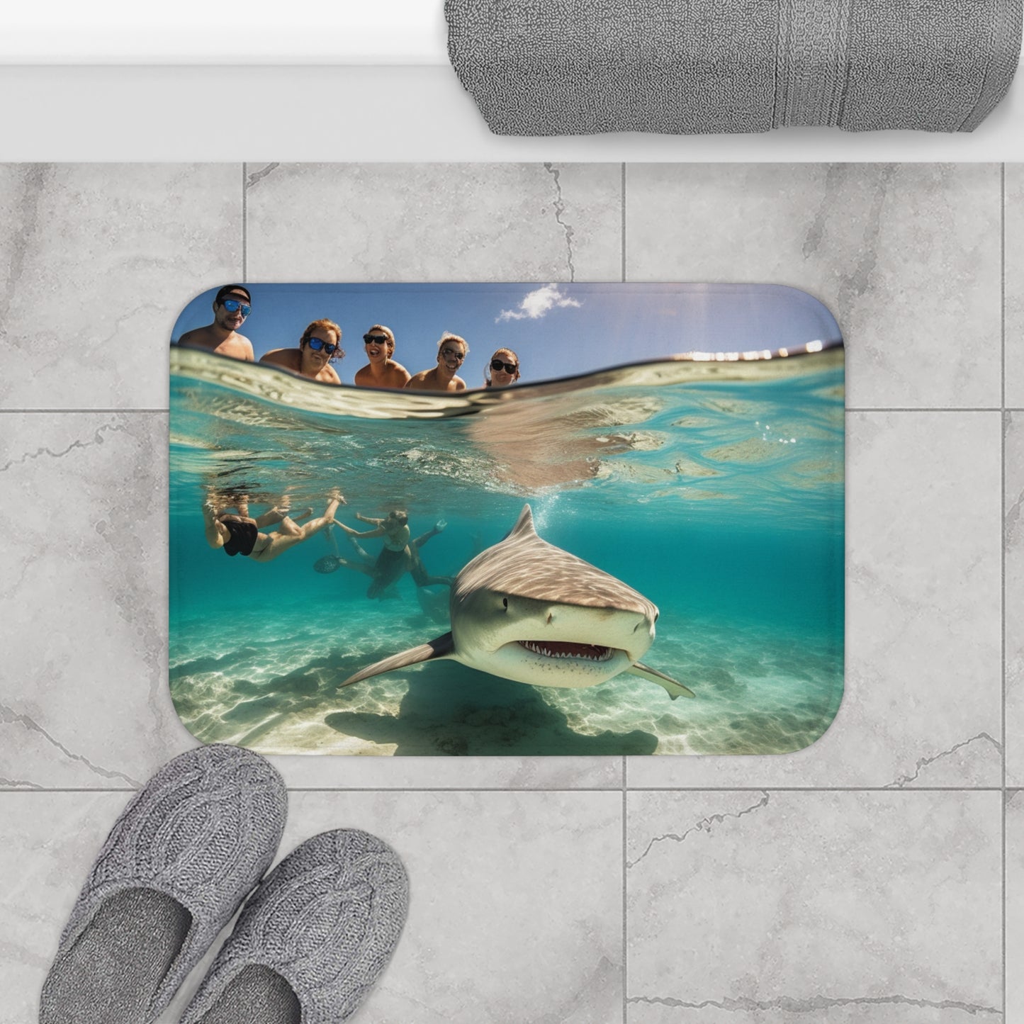 Peaceful Bull Shark with Swimmers: Ocean Scene - Perfect for Sea Lovers - Bath Mat