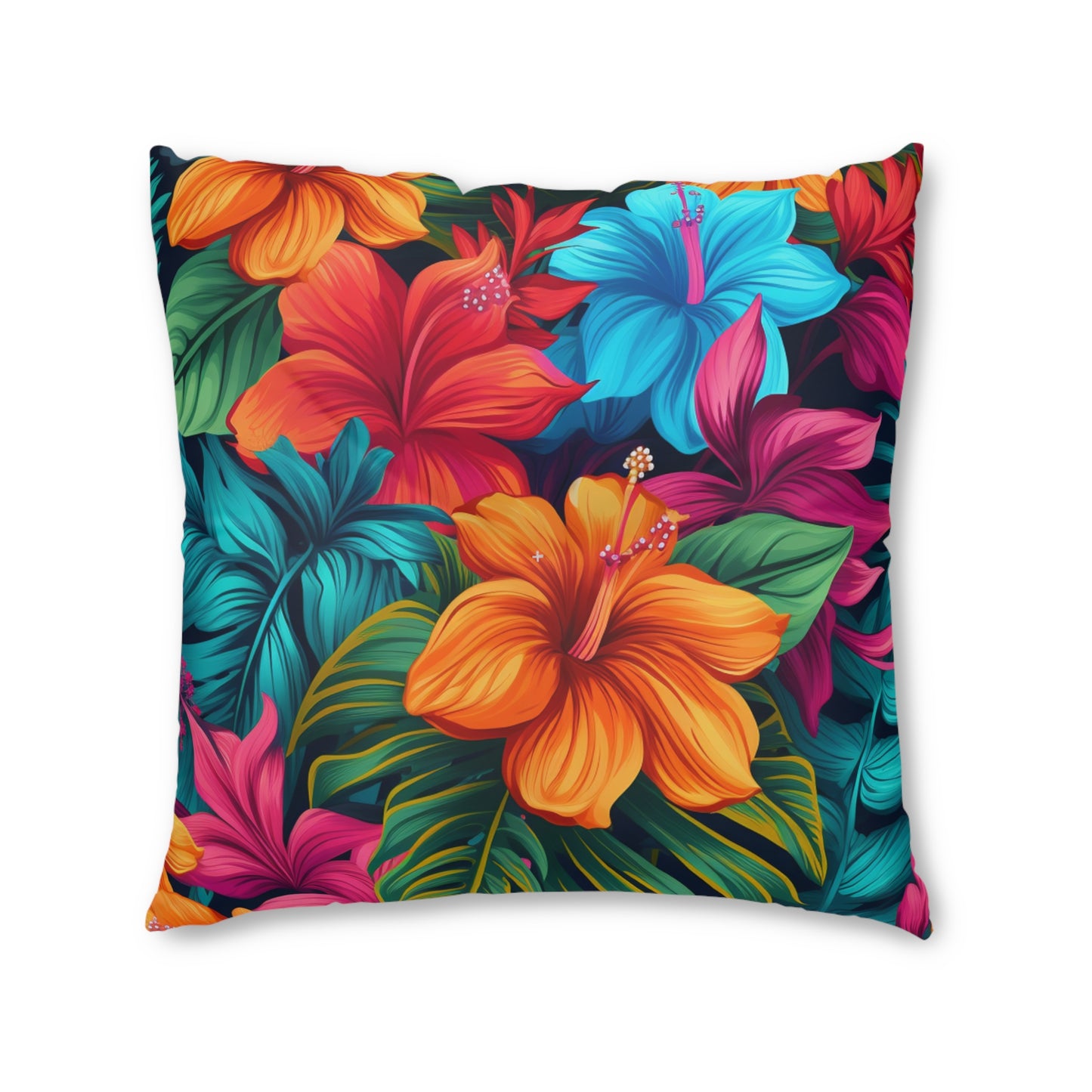 Hawaiian-Inspired Tropical Floral Pattern Design Tufted Floor Pillow, Square