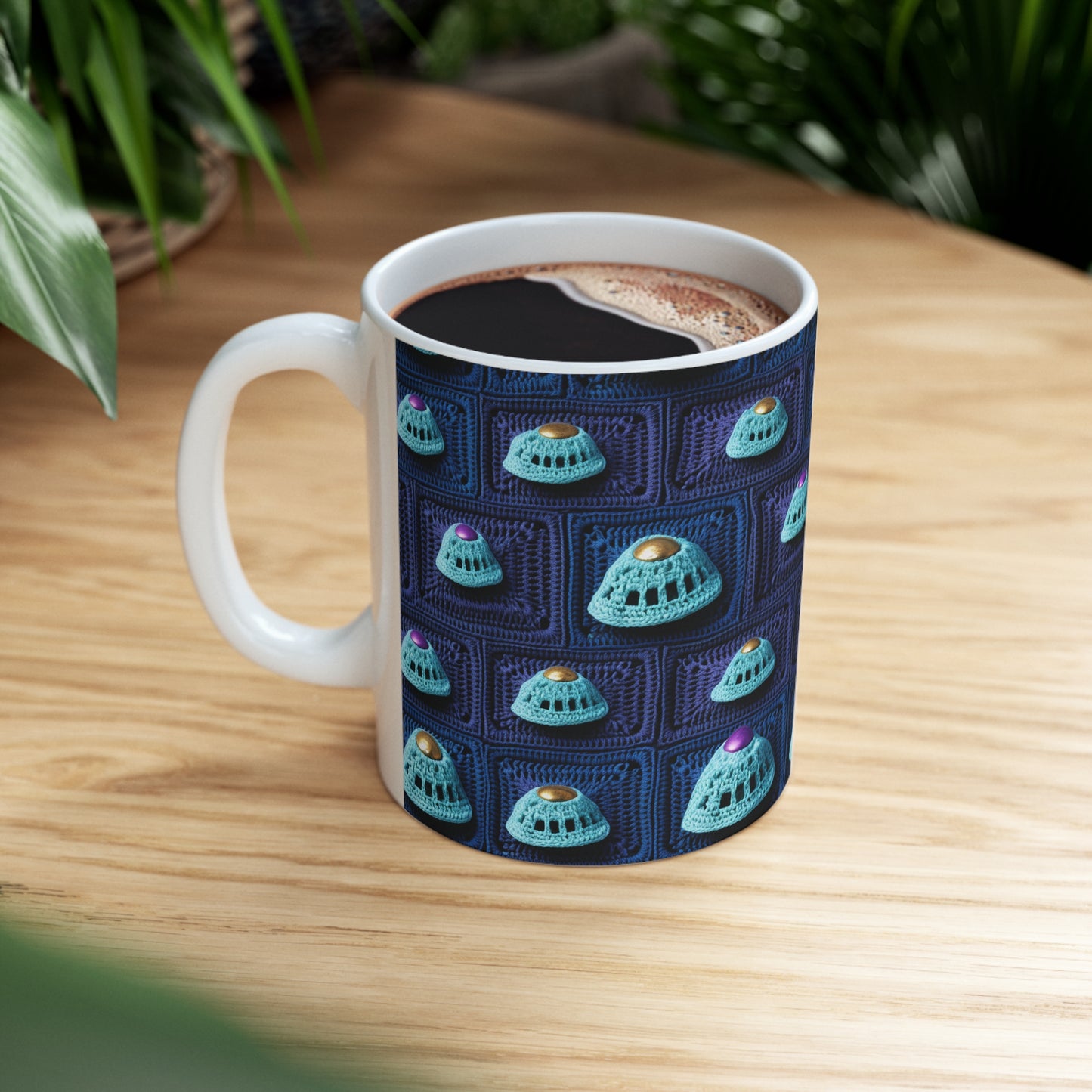 Spaceship UFO Crochet - Galactic Travel Ship - Alien Craft - Flying Saucer - Ceramic Mug 11oz