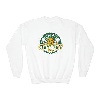 Game Day Badge with Pickleball Paddle and Ball, Grunge Texture - Youth Crewneck Sweatshirt