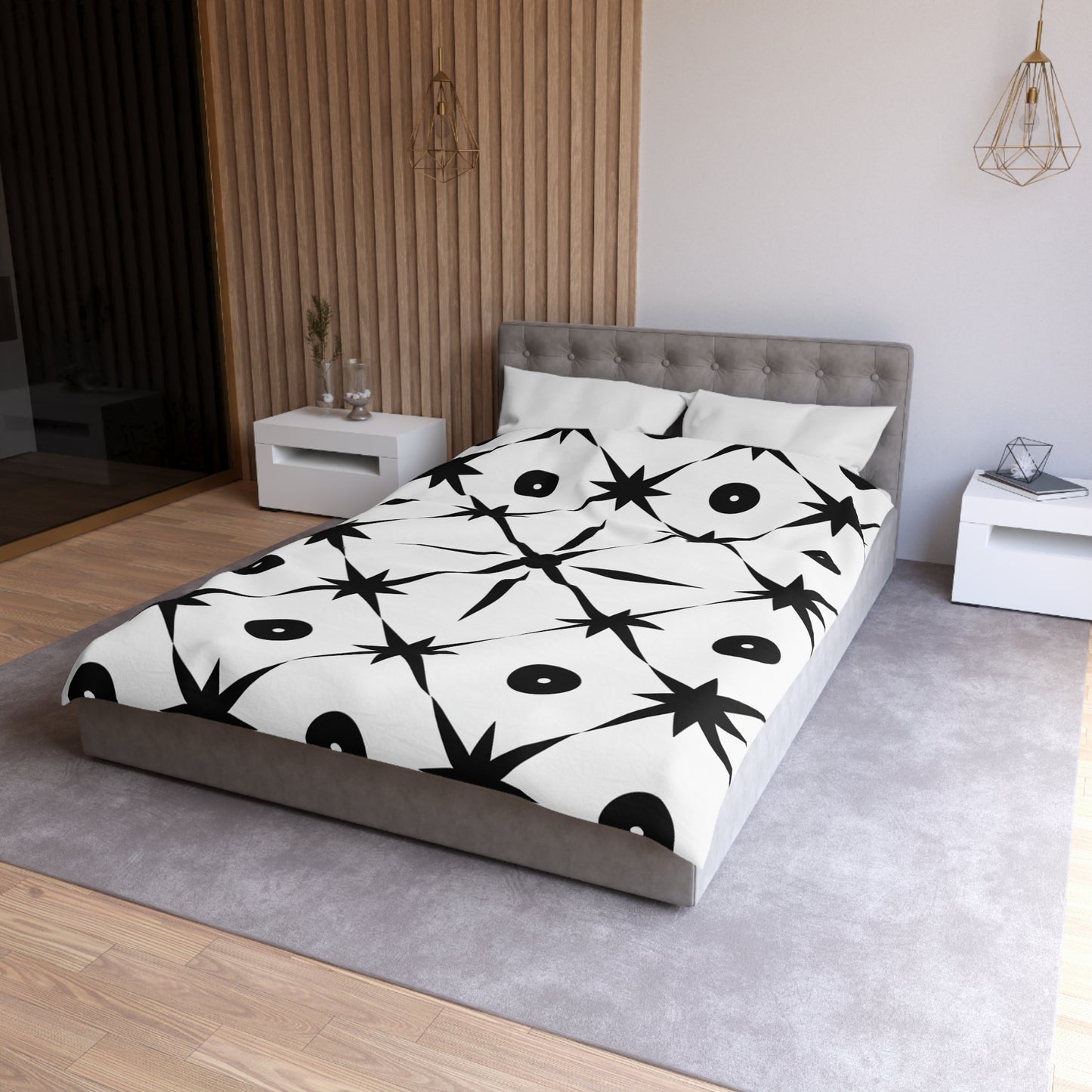 Mid Century Modern Asterisk Design - White & Black Atomic Starburst - Microfiber Duvet Cover