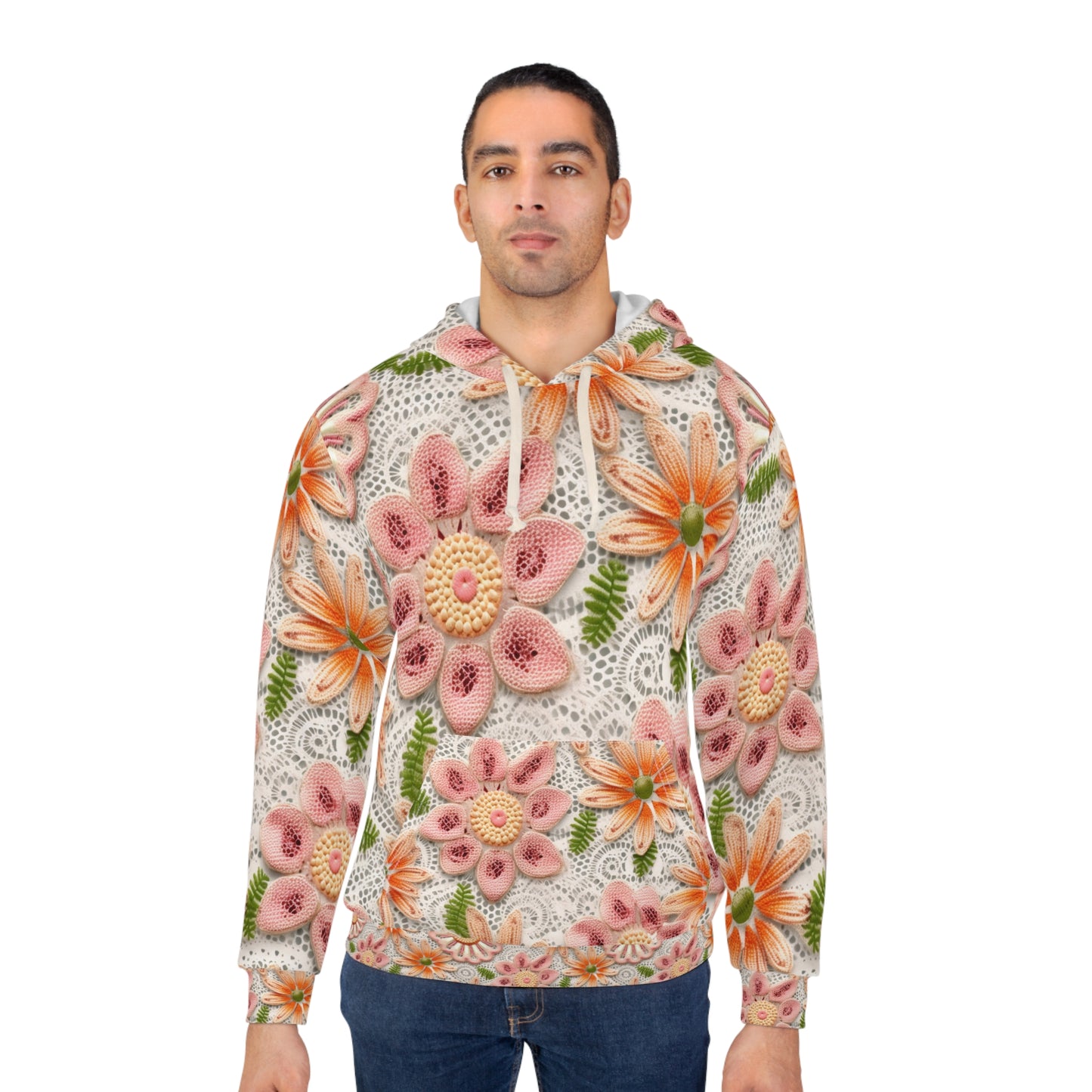 Floral Embroidered Eyelet: Delicate Flower Elegant Pattern - Unisex Pullover Hoodie (AOP)