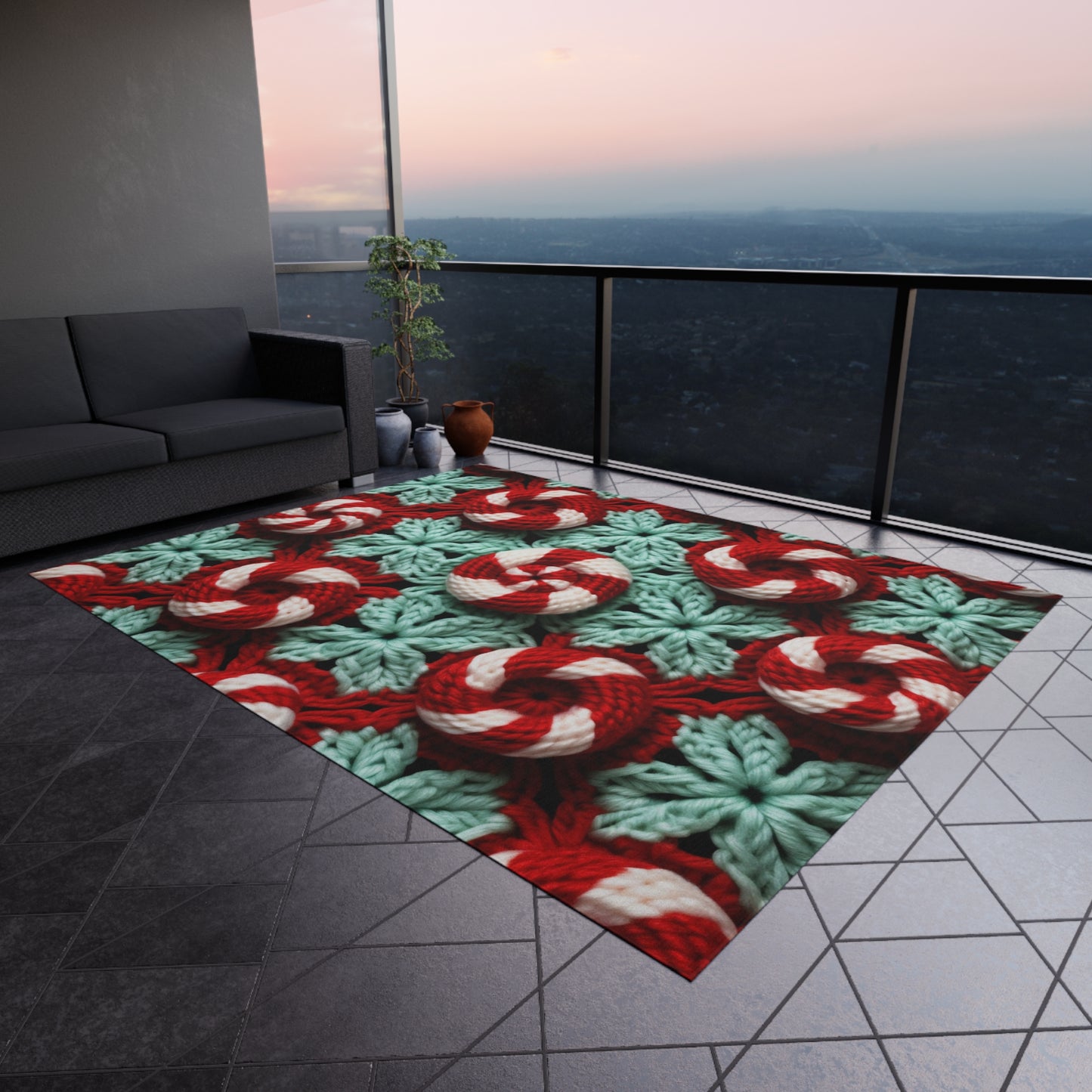 Christmas Crochet Candy Cane - Pepper Red Crystal White Holiday Pattern - Outdoor Rug