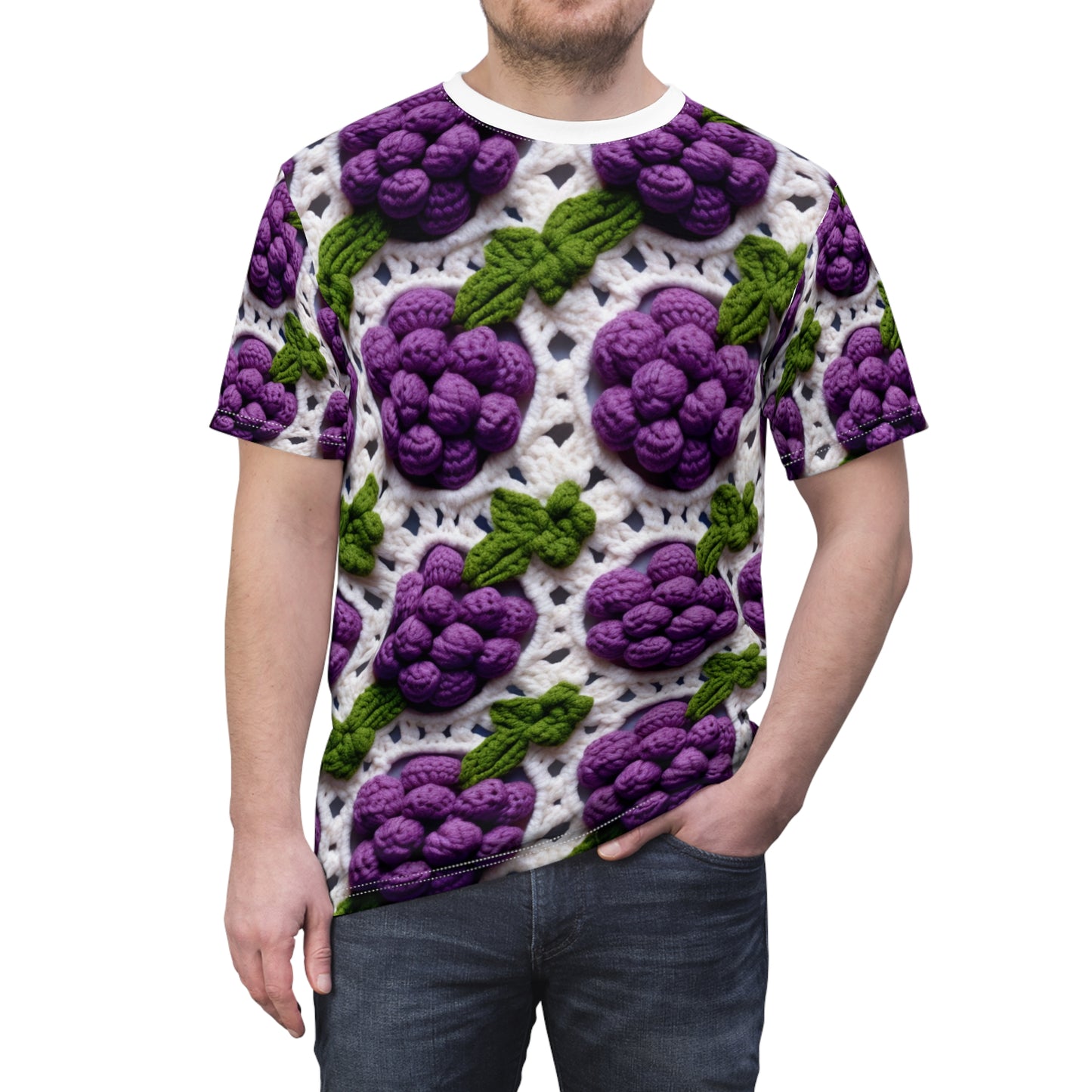 Crochet Grapes Pattern - Granny Square Design - Fresh Fruit Pick - Orchard Purple Snack Food - Unisex Cut & Sew Tee (AOP)