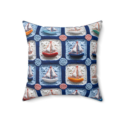 Crochet Boat Ship Sea Vessel Ocean Beach Travel Yacht Design - Spun Polyester Square Pillow