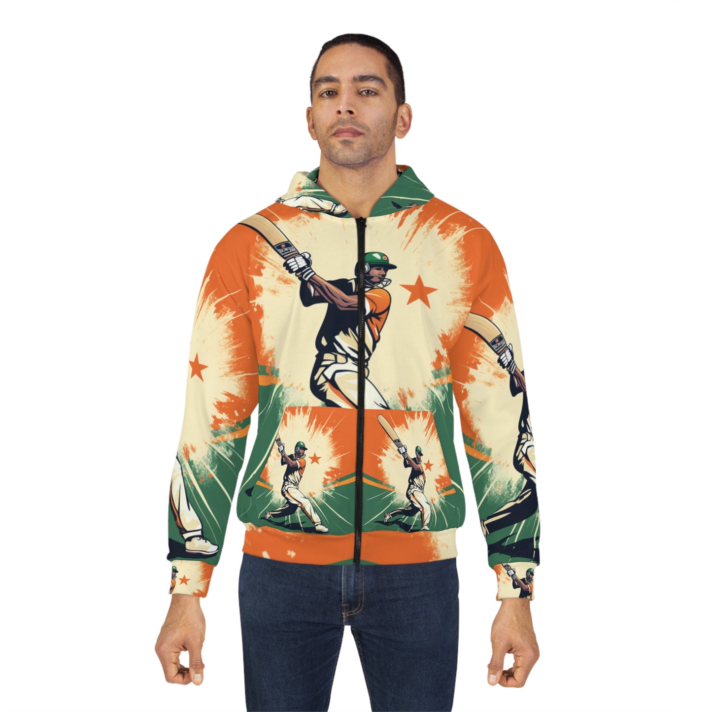 India Cricket Star: Batsman With Willow Bat, National Flag Style - Sport Game - Unisex Zip Hoodie (AOP)