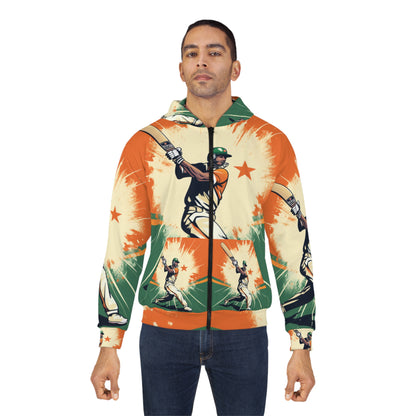 India Cricket Star: Batsman With Willow Bat, National Flag Style - Sport Game - Unisex Zip Hoodie (AOP)